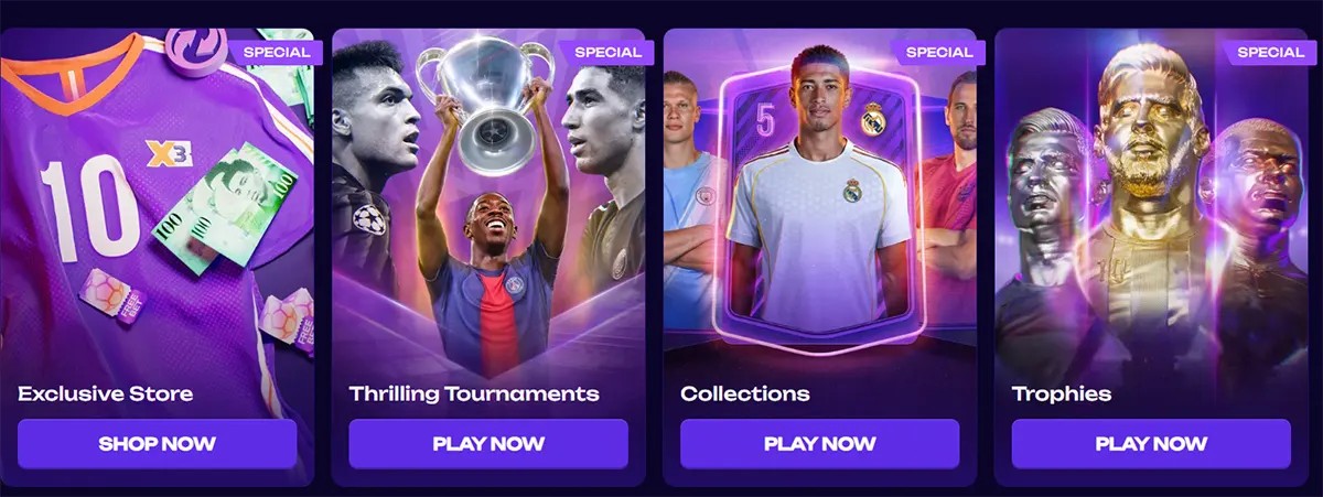 Promotional section featuring special offers including exclusive store rewards, tournaments, collections, and trophies with sports-themed visuals and “Play Now” or “Shop Now” call-to-action buttons on a dark interface