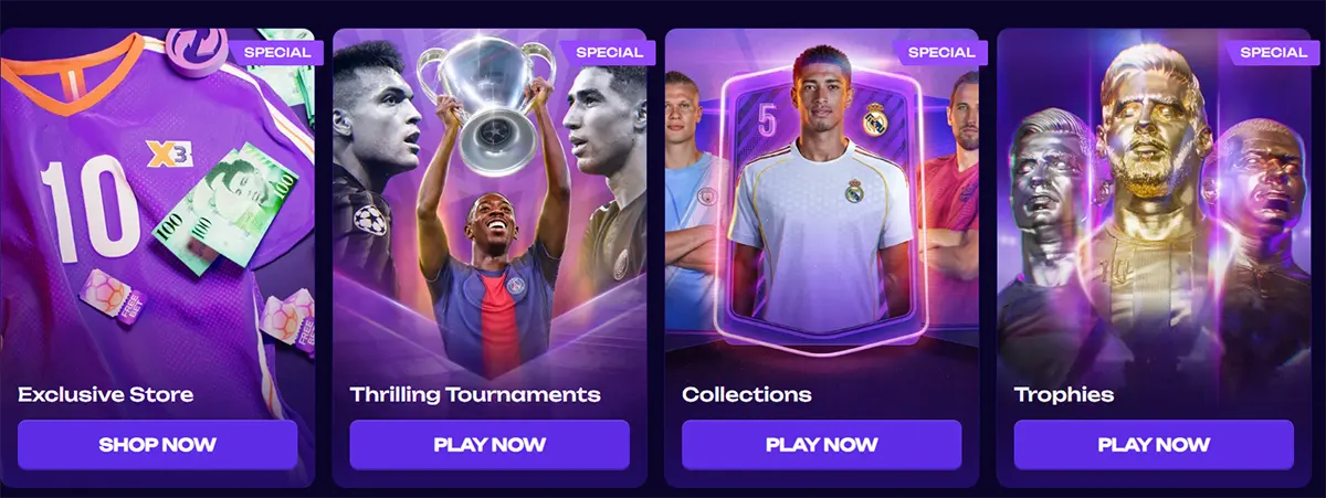 Promotional section featuring special offers including exclusive store rewards, tournaments, collections, and trophies with sports-themed visuals and “Play Now” or “Shop Now” call-to-action buttons on a dark interface