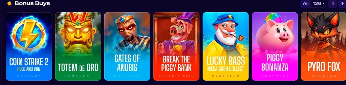 Online casino “Bonus Buys” game selection showing slot titles including Coin Strike 2, Totem de Oro, Gates of Anubis, Break the Piggy Bank, Lucky Bass, Piggy Bonanza, and Pyro Fox with colorful themed icons on a dark interface