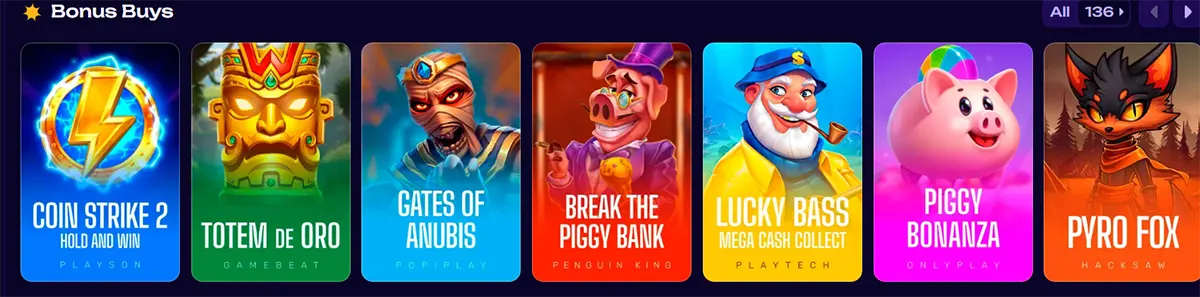 Online casino “Bonus Buys” game selection showing slot titles including Coin Strike 2, Totem de Oro, Gates of Anubis, Break the Piggy Bank, Lucky Bass, Piggy Bonanza, and Pyro Fox with colorful themed icons on a dark interface