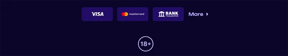 Payment methods section showing Visa, Mastercard, and bank transfer options with a “More” button and an 18+ age restriction icon on a dark background