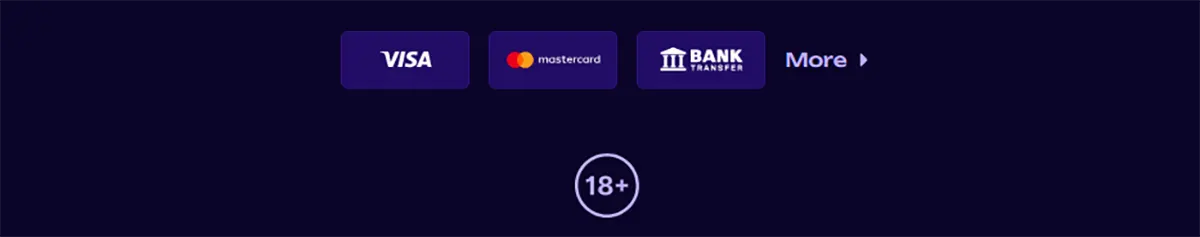 Payment methods section showing Visa, Mastercard, and bank transfer options with a “More” button and an 18+ age restriction icon on a dark background