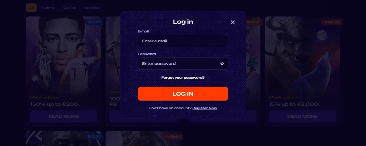 Login popup displaying email and password fields, a “forgot password” link, and a “Log In” button with a registration option on a dark themed betting website