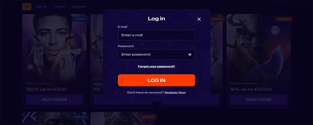 Login popup displaying email and password fields, a “forgot password” link, and a “Log In” button with a registration option on a dark themed betting website